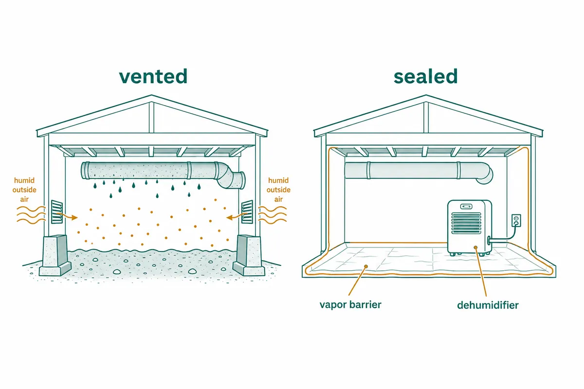 Diagram of a vented crawl space with humid outside air and a sweating duct beside a closed crawl space with a dehumidifier