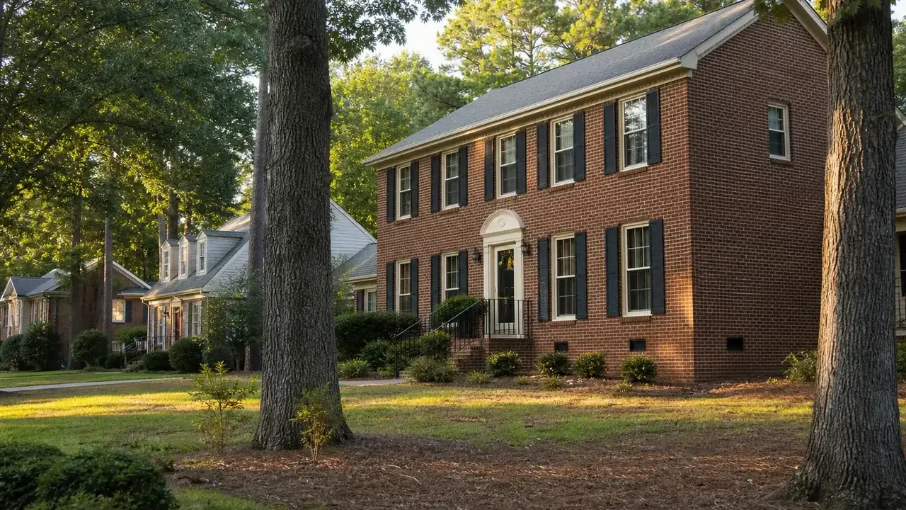 Brick two-story house with crawl space vents in the foundation, a common candidate for crawl space encapsulation